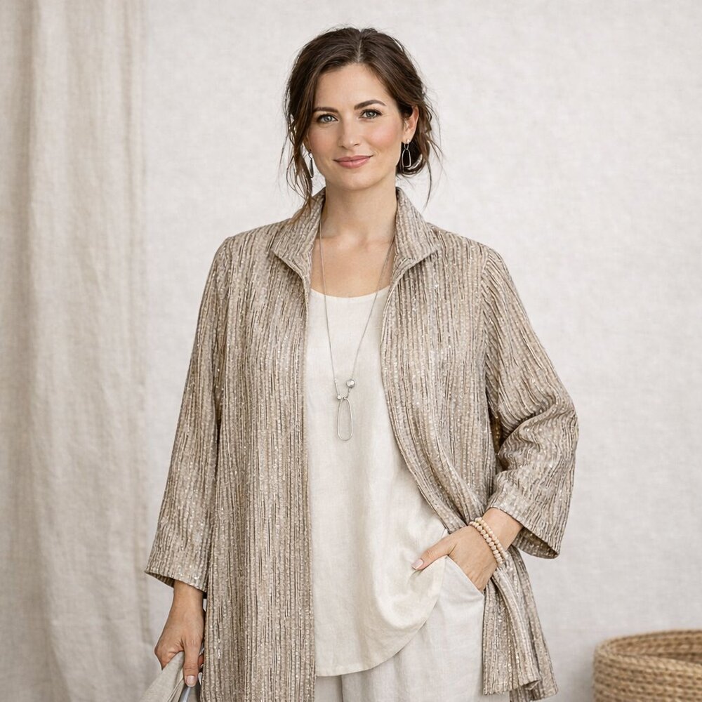 Eileen Fisher Silk Pleated Shimmer Open-Front Kimono Jacket Lagenlook Sz S NWOT